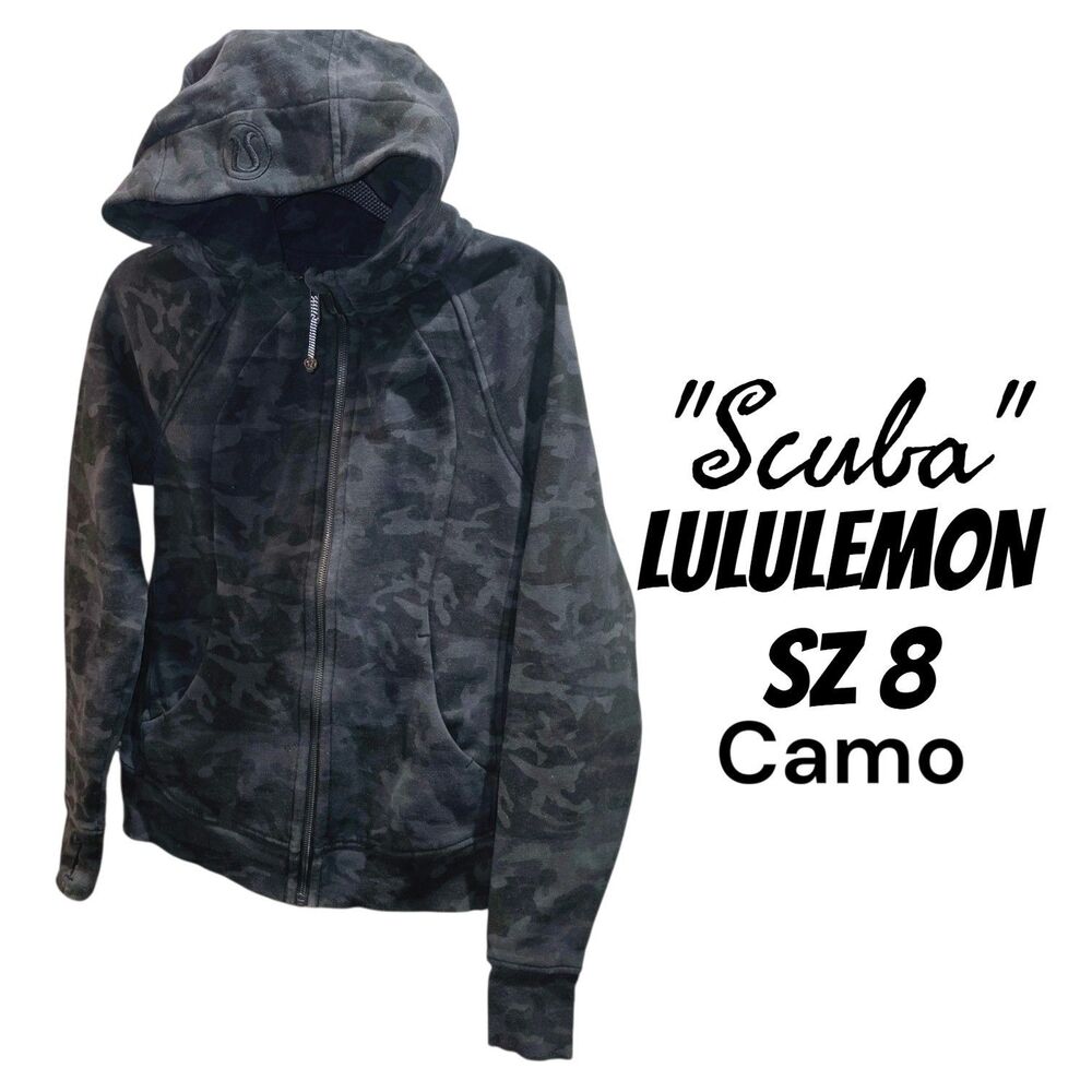 Lululemon Camo Scuba Sz 8 Black Gray Camo Logo Full Zip Hoodie Sweater Jacket